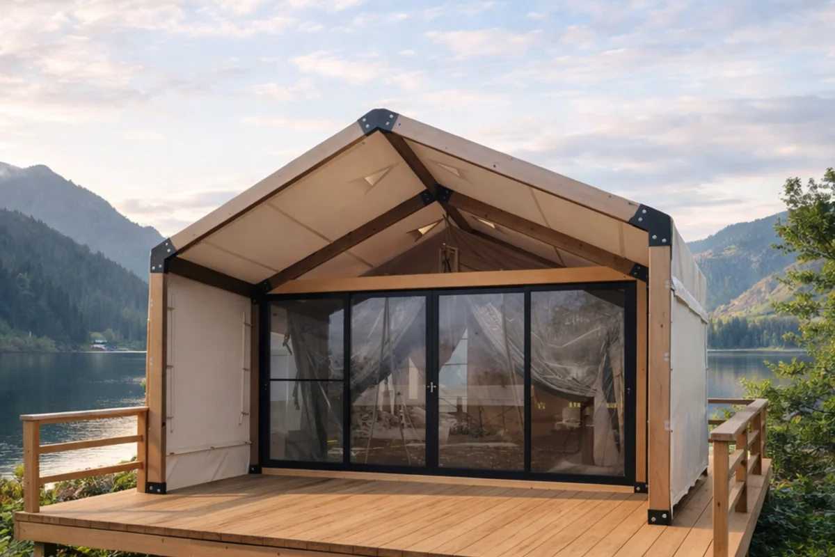 Barn glamping tent with glass front