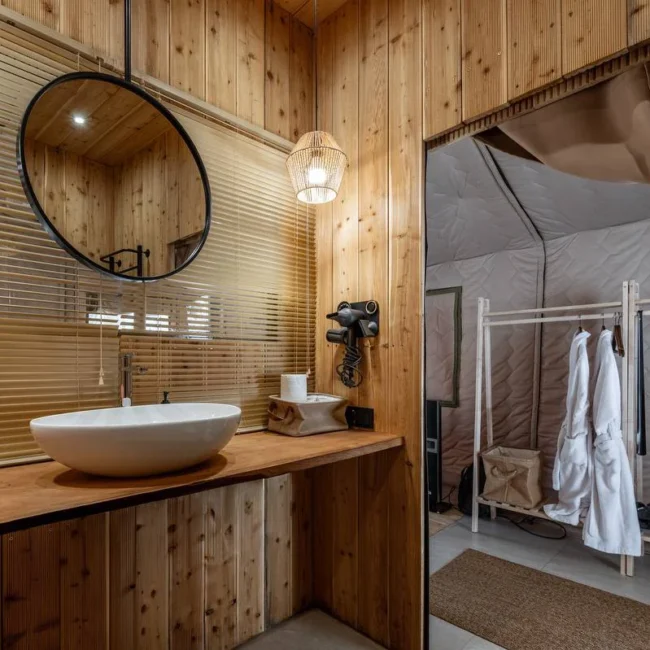 Bathroom inside a family glamping tent