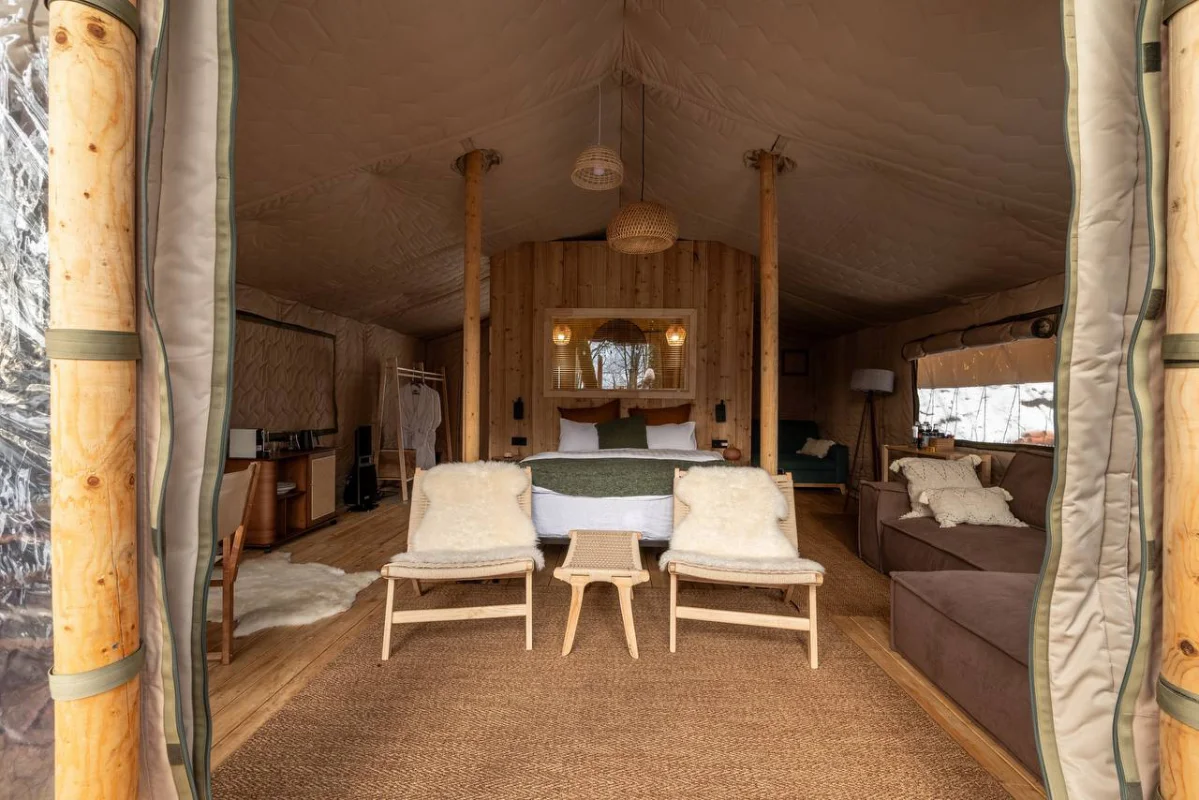 Spacious interior of a family glamping tent