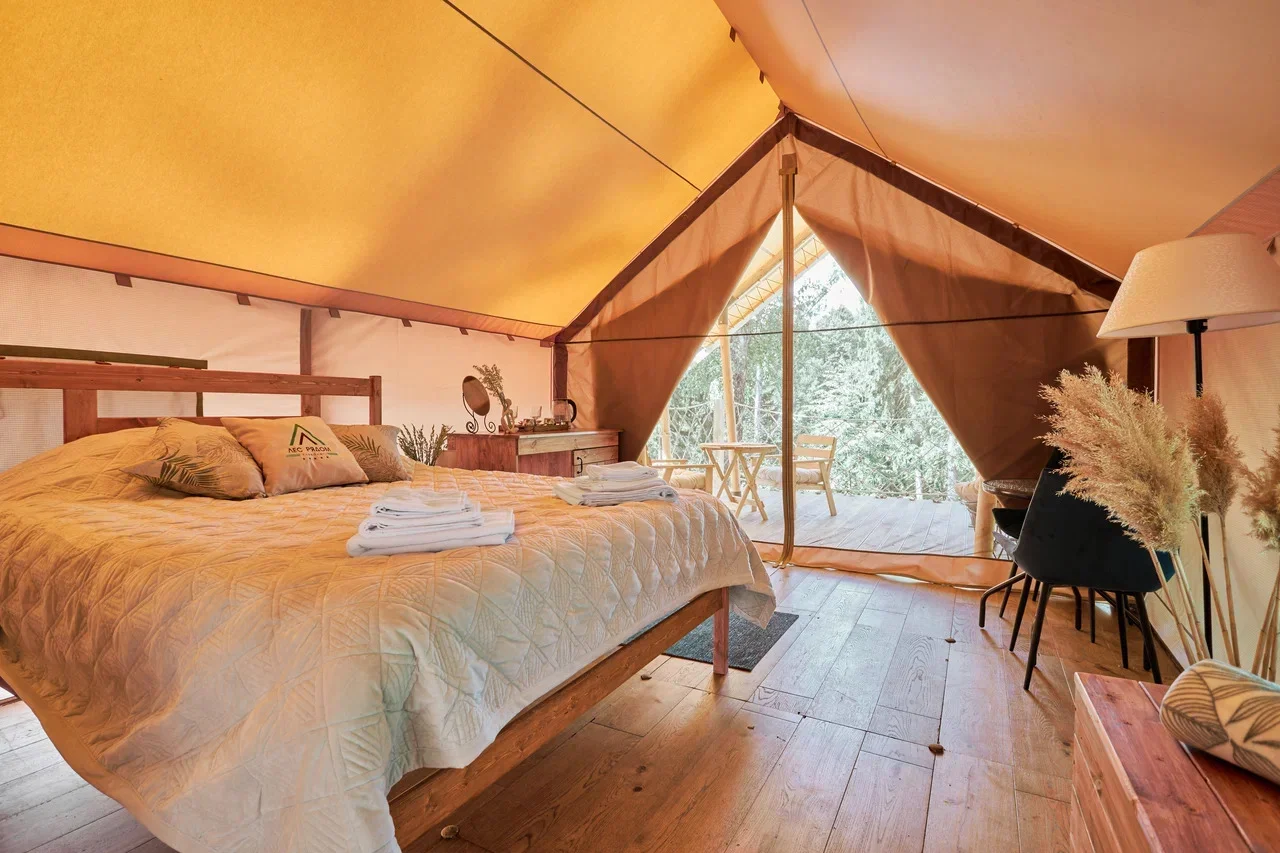 Open interior of a safari glamping tent