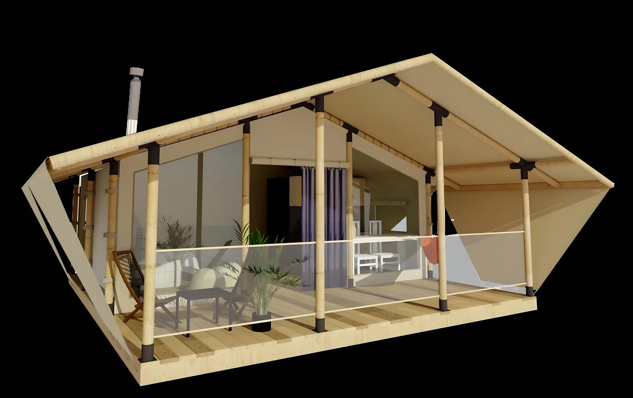 3D-render van de Family 1-glampingtent met overdekt terras