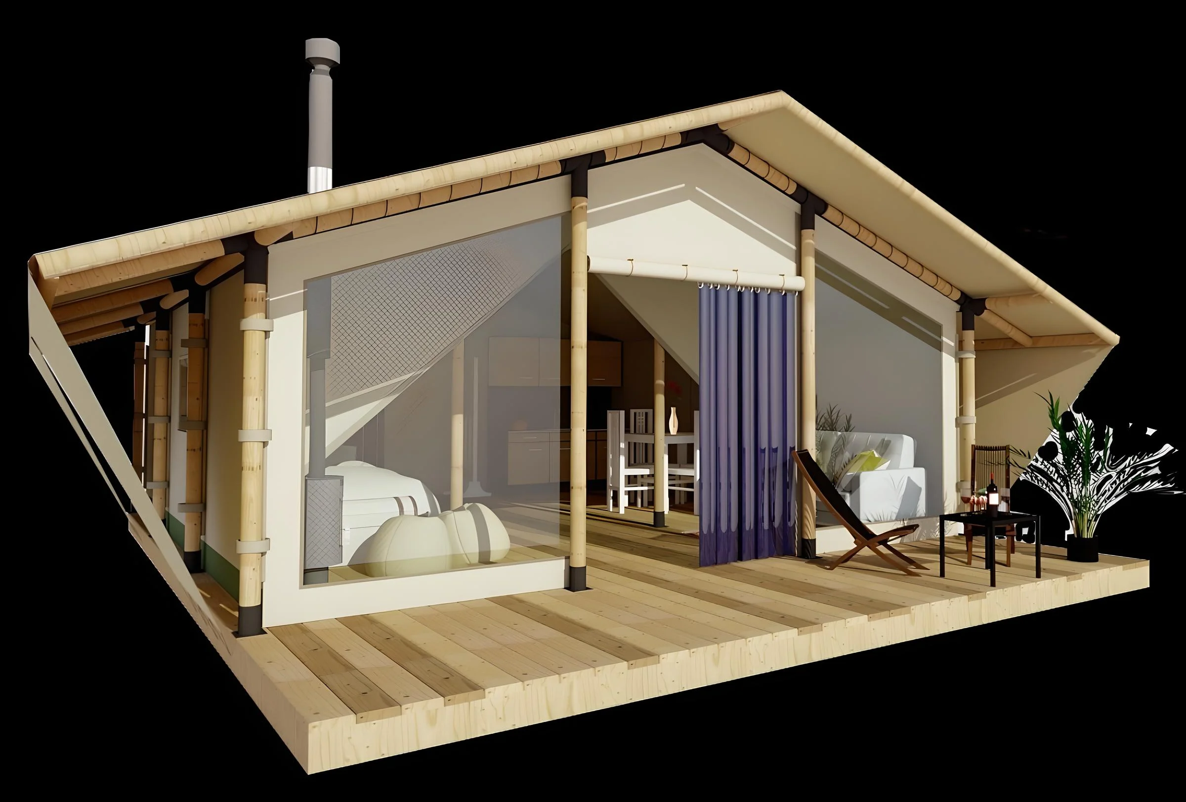 3D-render van de Family 2-glampingtent met volledig afgesloten indeling