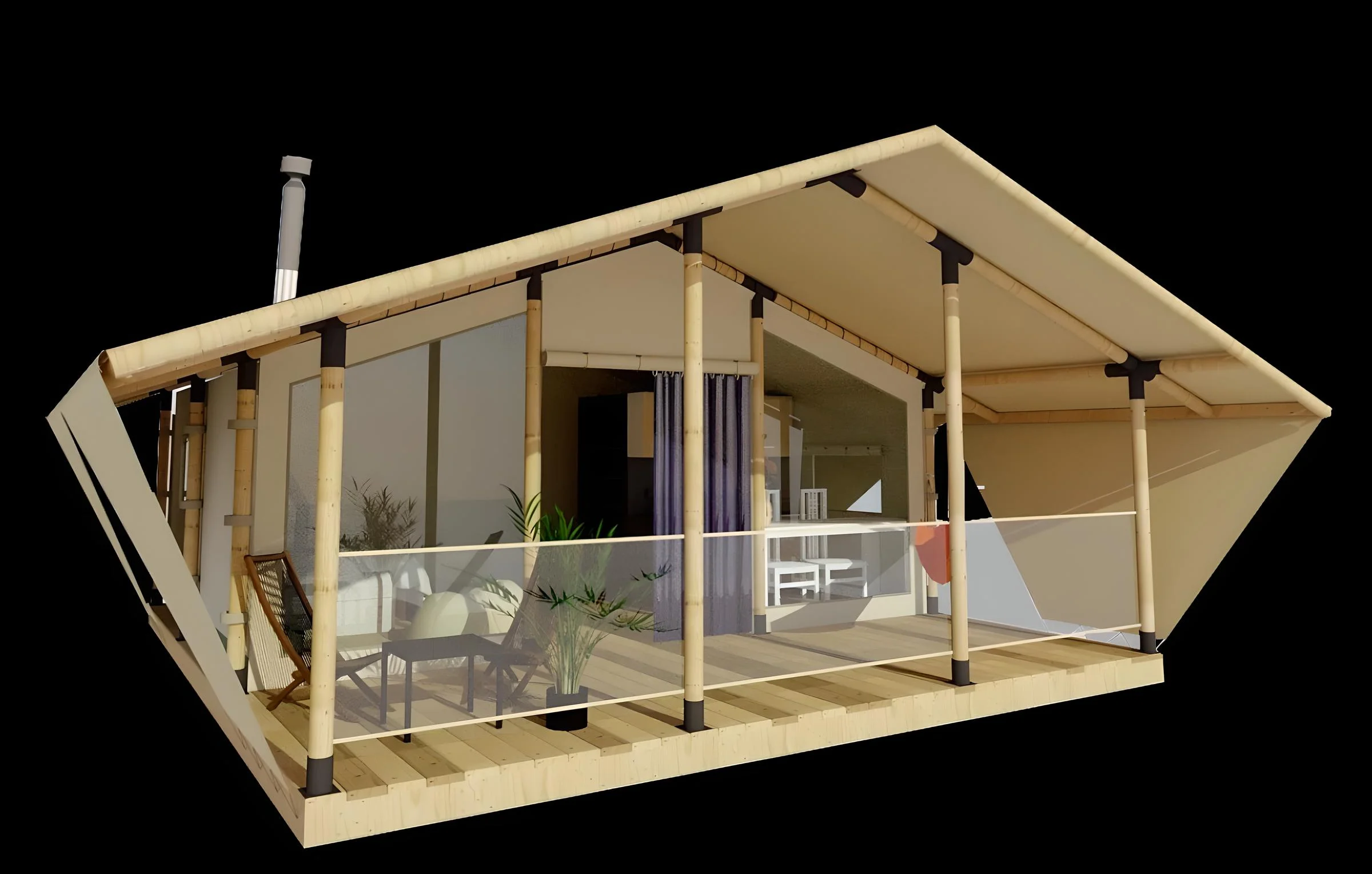 3D-render van de Family 3-glampingtent met ruim overdekt terras