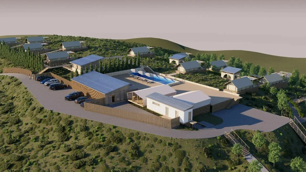 Plan maestro y distribución del terreno de un proyecto glamping por Wildhomes