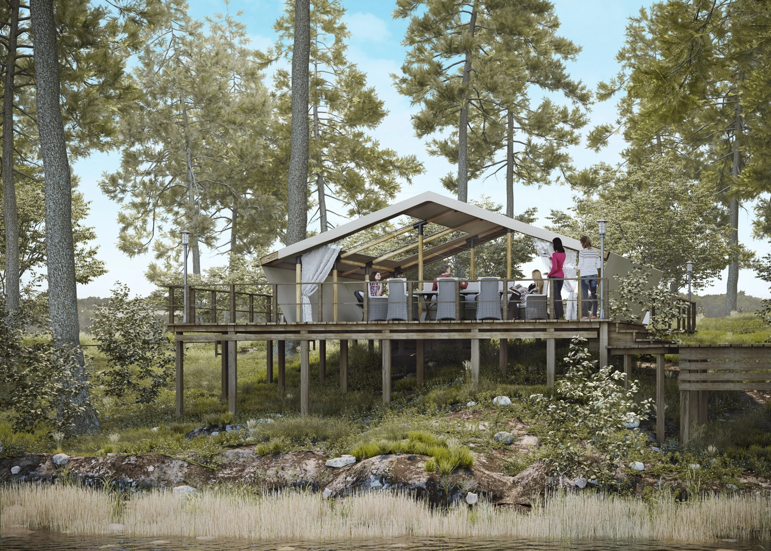 Diseño de instalaciones compartidas y espacios comunes de un resort glamping por Wildhomes