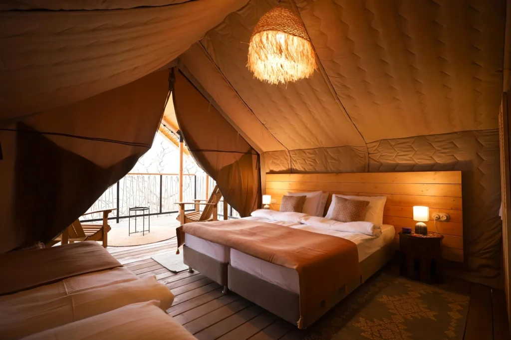 Safari glamping tent interior with optional thermal module