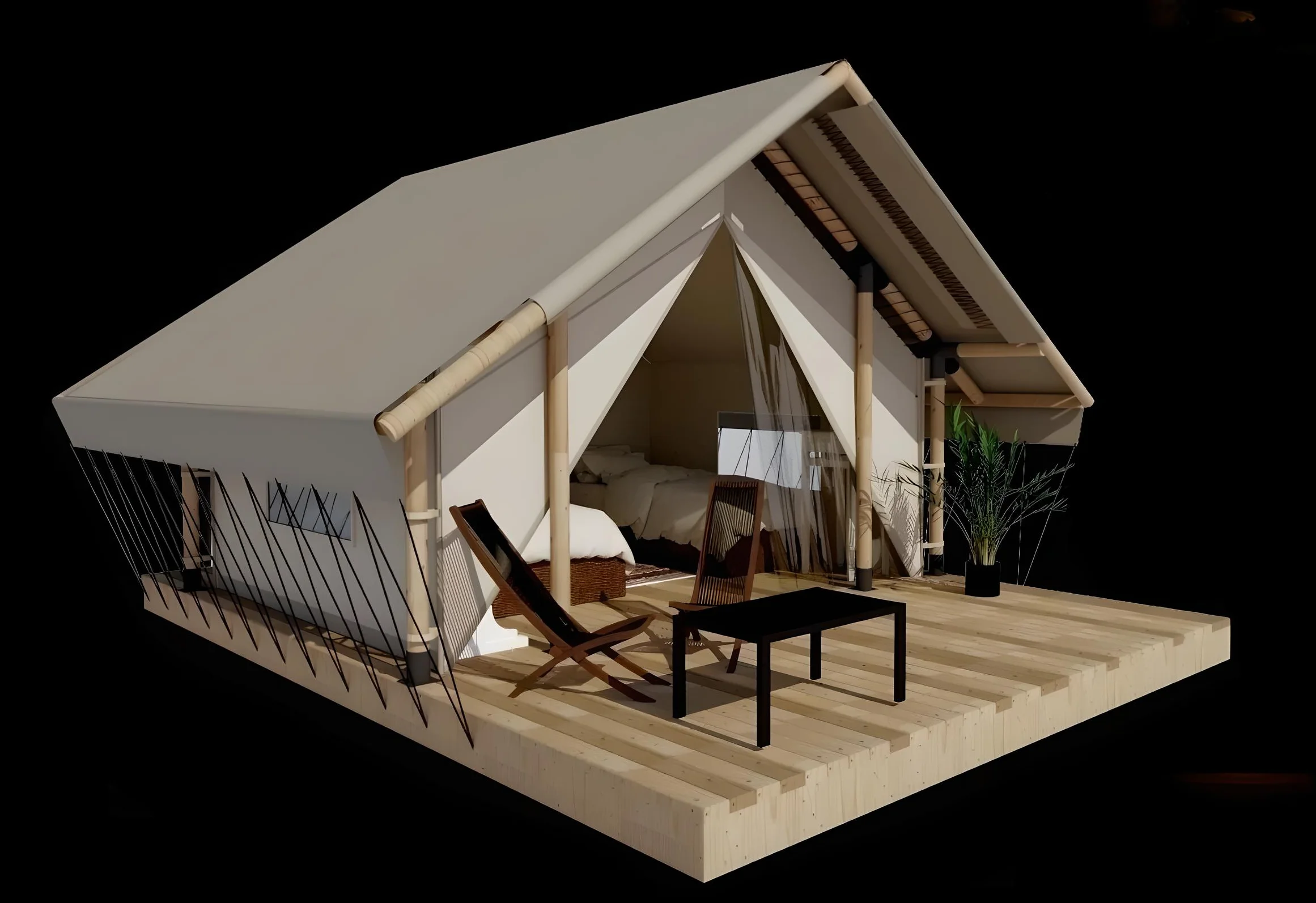 3D-render van Wildhomes safaritentmodel S1 met 12 m² afgesloten binnenruimte