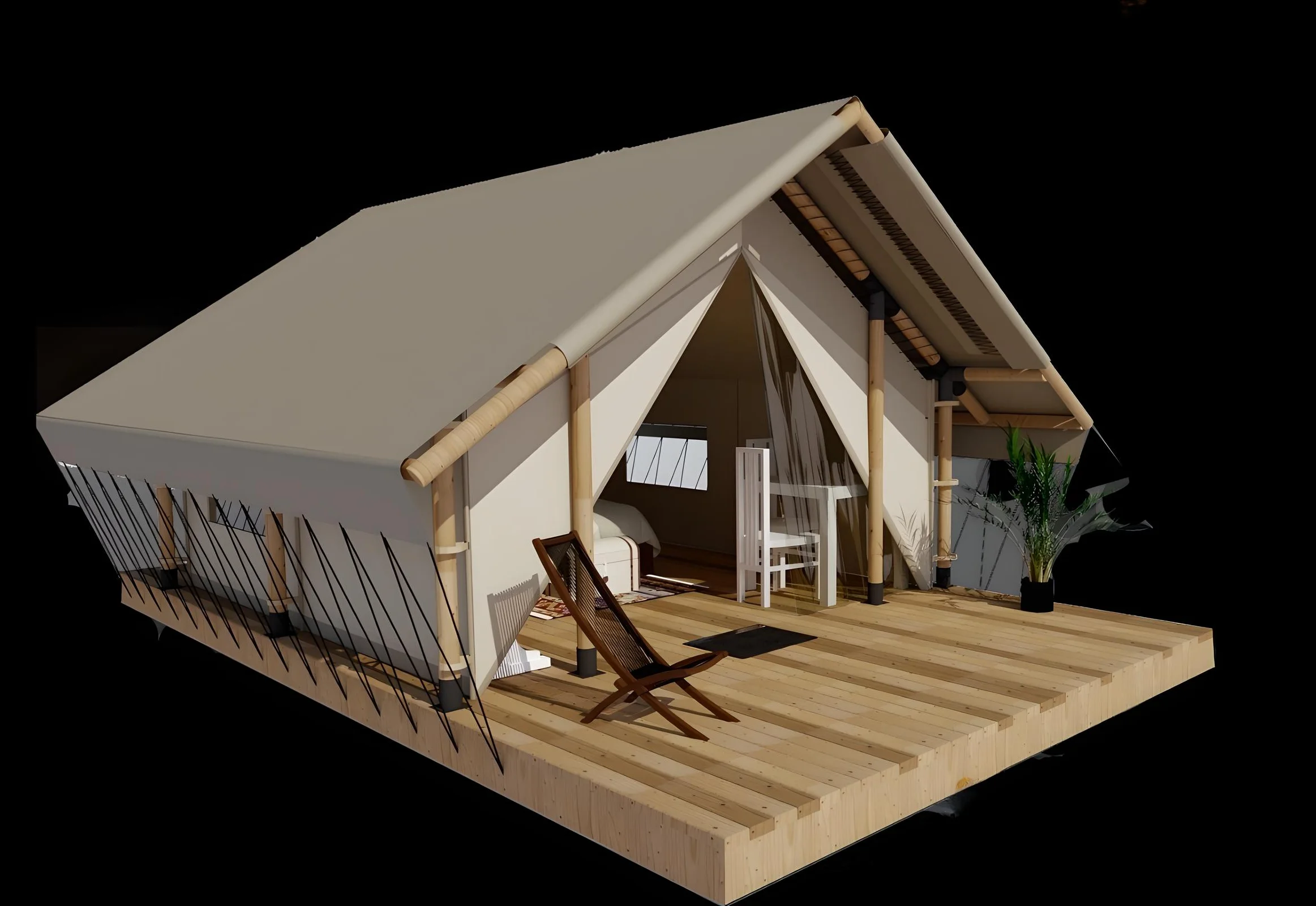 3D-render van Wildhomes safaritentmodel S3 met 16 m² afgesloten binnenruimte
