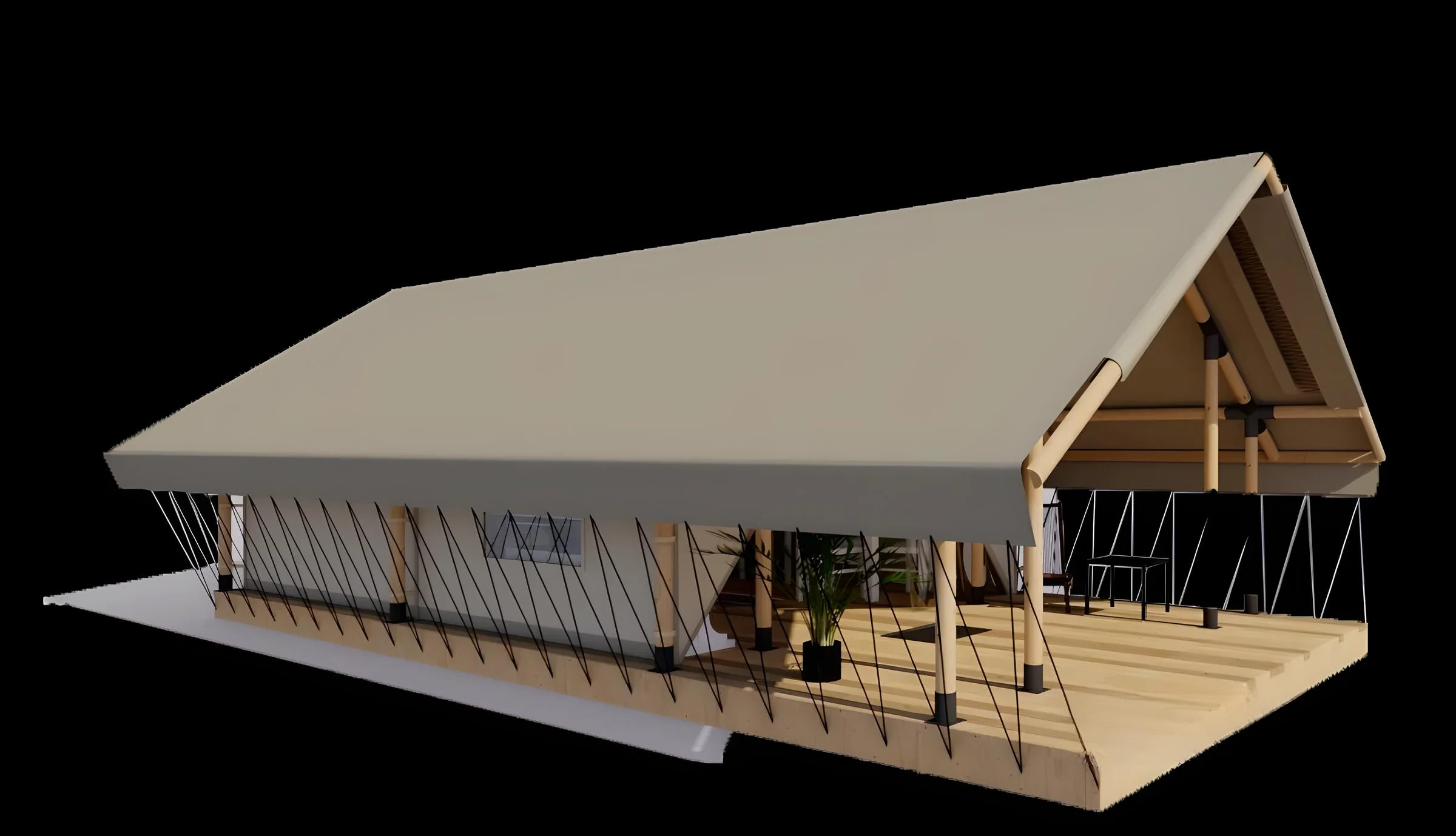 3D-render van Wildhomes safaritentmodel S4 met 16 m² binnenruimte en 8 m² overdekt terras