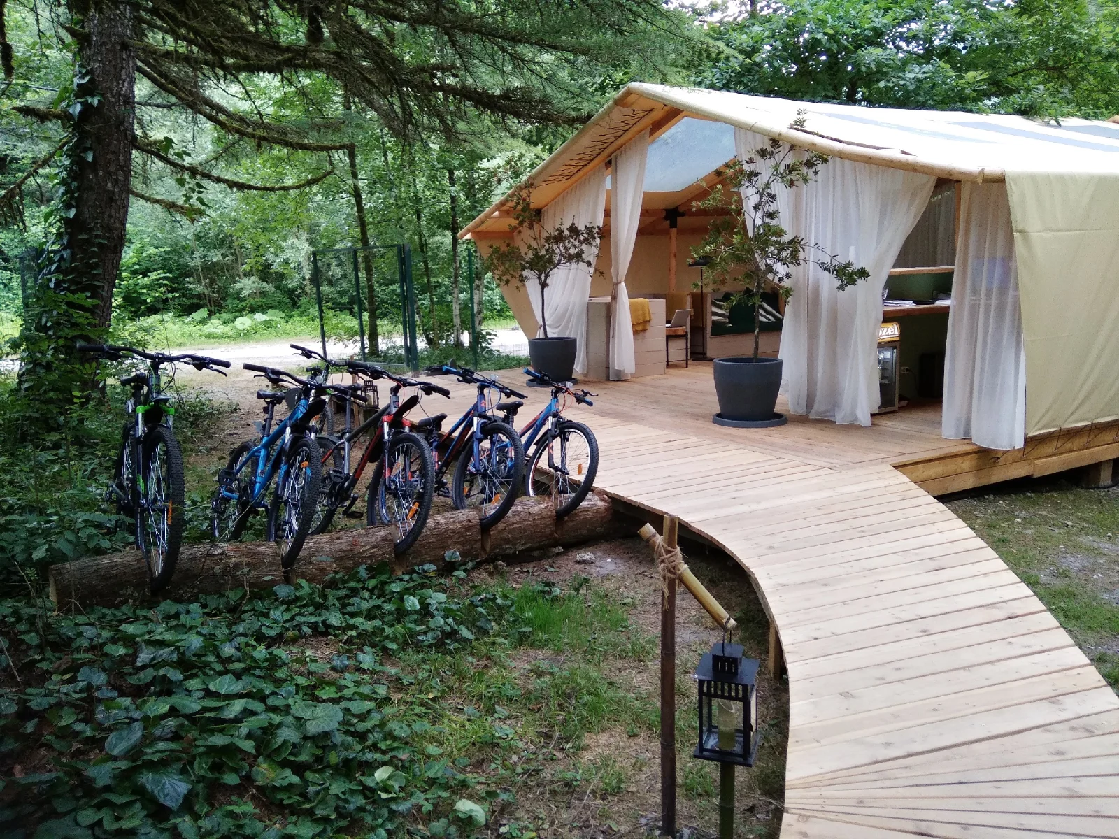 Pati glamping receptietent met open gevel in een natuurlijke resortomgeving