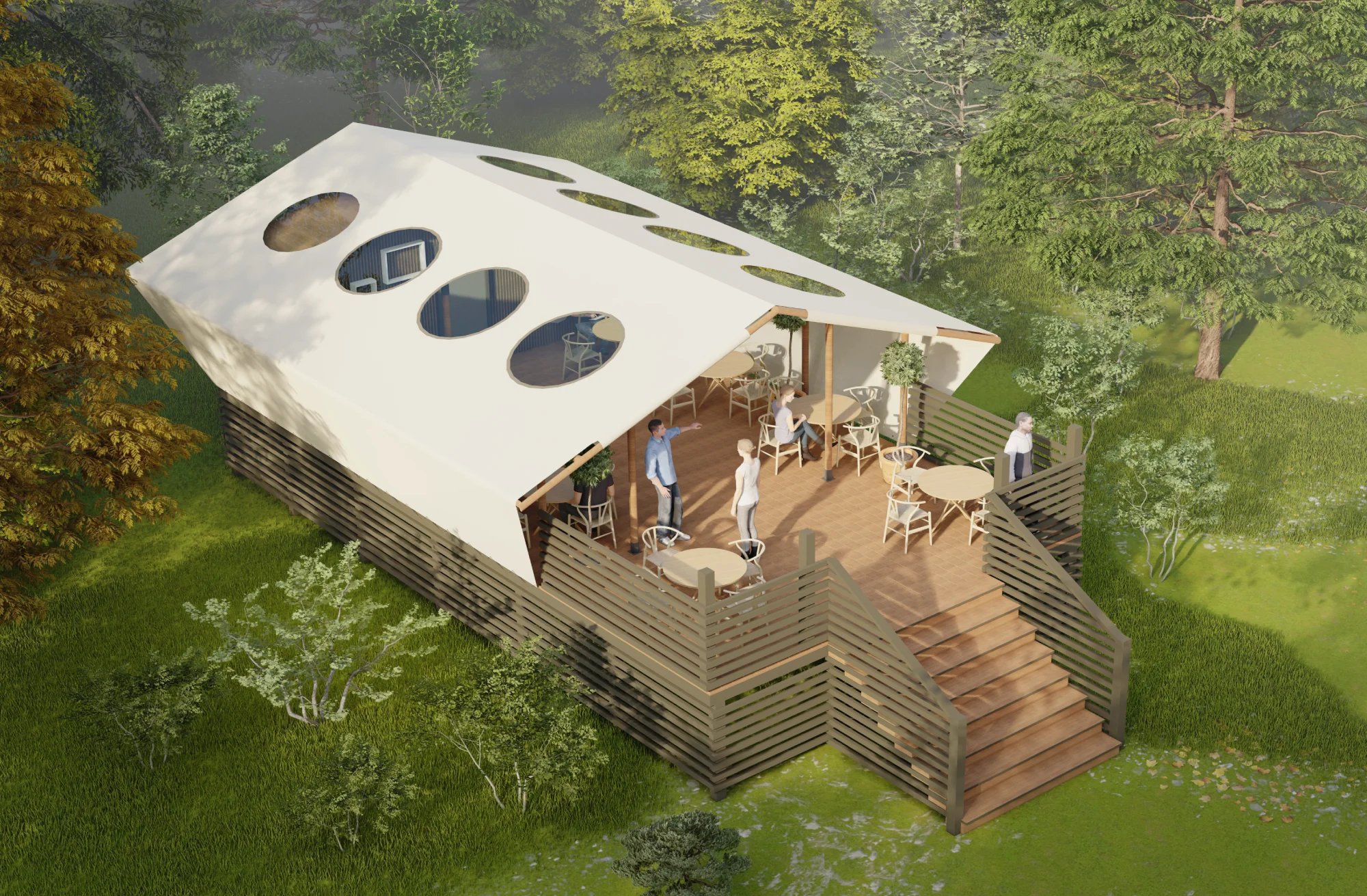 Render van een grote Pati glamping receptietent en restaurantindeling voor een resort