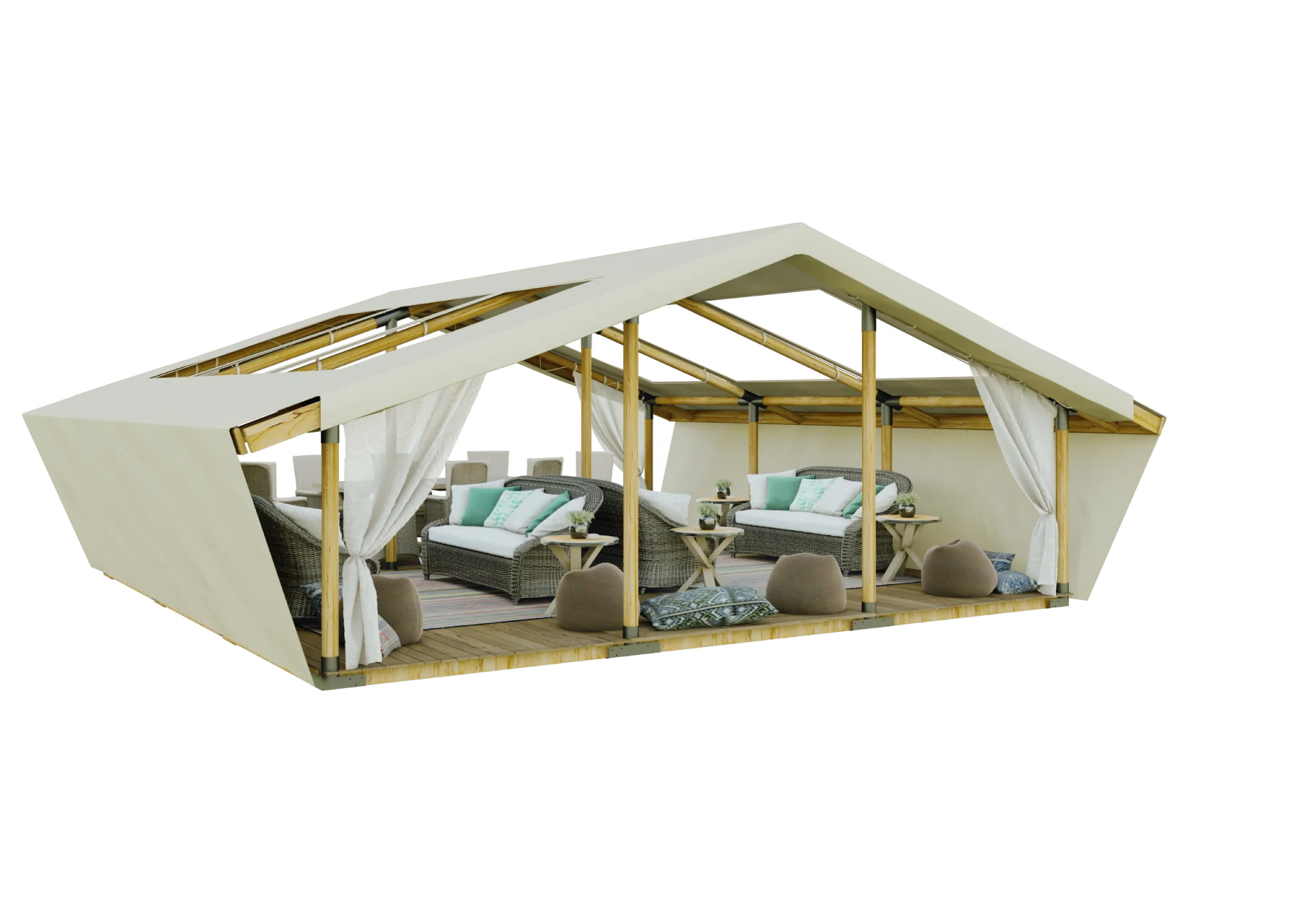 Render van een compacte Pati glamping receptietent voor resort hospitality